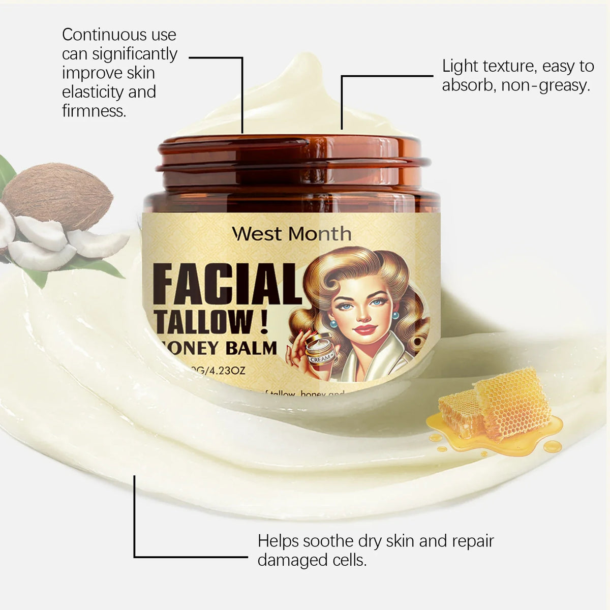 Beef Tallow Face Cream Lasting Moisturizing Soothing Facial Skin Firming Increase Facial Elasticity Nourishing Smooth Skin Care